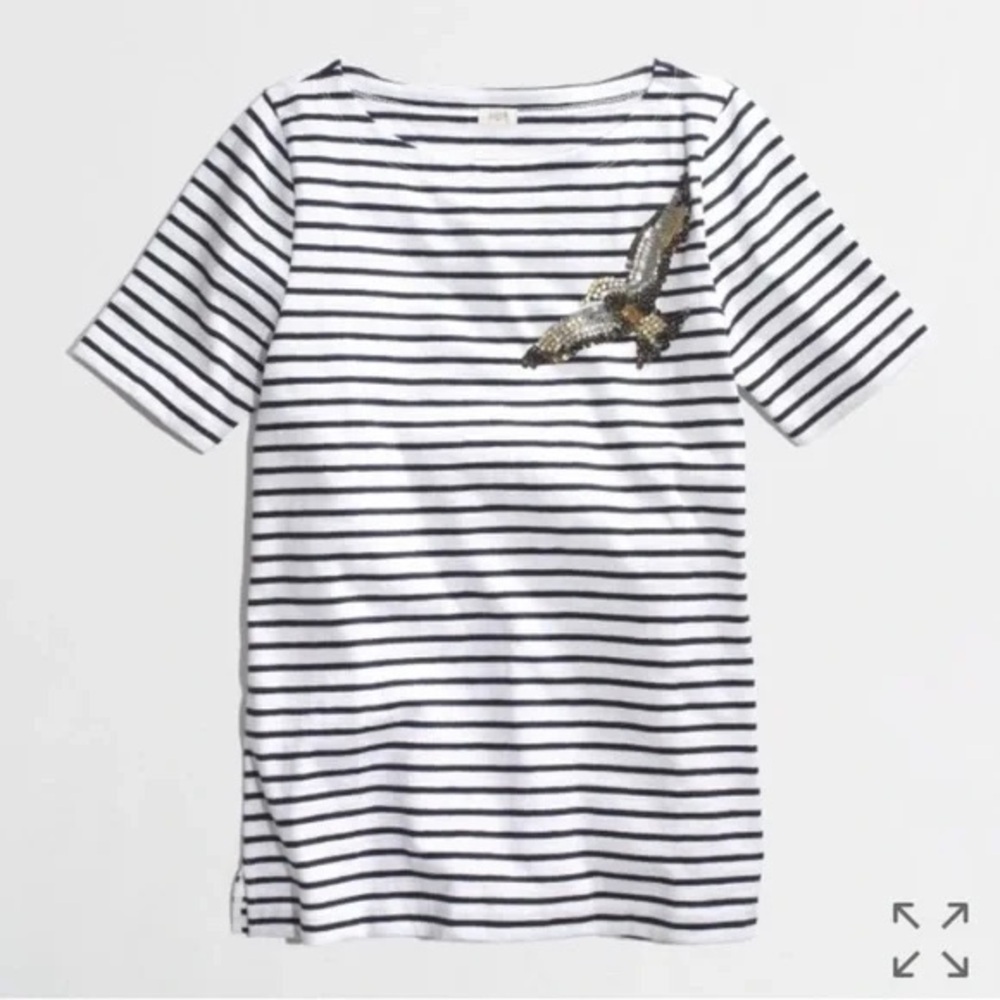 J. Crew Black and White Striped Tee with Sequin Bird